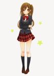  black_legwear blazer blush brown_eyes brown_hair chuunibyou_demo_koi_ga_shitai! crossed_arms hair_ornament hairclip kneehighs loafers long_hair mizutamako nibutani_shinka one_side_up plaid plaid_skirt pleated_skirt school_uniform shoes side_ponytail skirt solo standing star 