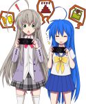  :3 ahoge blue_hair chestnut_mouth crossover green_eyes haiyore!_nyaruko-san highres izumi_konata long_hair lucky_star monster_hunter multiple_girls neotame_(lic-lac-sora) nyarlathotep_(nyaruko-san) playing_games playstation_portable school_uniform serafuku silver_hair taiyou_iwaku_moe_yo_chaos thigh-highs thighhighs white_legwear 