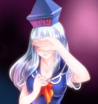  blue_hair breasts bust cleavage covering_eyes hat kamishirasawa_keine lips long_hair mizuki_hitoshi neckerchief solo touhou 