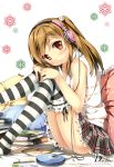  absurdres book brown_hair cd_player copyright_request headphones highres kantoku knees_on_chest leg_hug legs pillow red_eyes sitting sleeveless sleeveless_shirt snowflakes striped striped_legwear thigh-highs thighhighs 