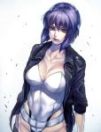  breasts cleavage cyborg fingerless_gloves ghost_in_the_shell ghost_in_the_shell_stand_alone_complex gloves highres jacket kusanagi_motoko large_breasts leotard lips looking_at_viewer purple_hair red_eyes shikihara_mitabi short_hair solo 