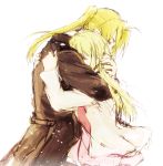  1girl blonde_hair closed_eyes couple edward_elric eyes_closed fullmetal_alchemist hug long_hair ponytail sketch tsukuda0310 white_background winry_rockbell 