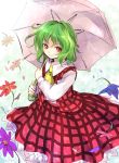  ascot flower green_hair kazami_yuuka makuwauri plaid plaid_skirt plaid_vest red_eyes shirt short_hair skirt smile solo touhou umbrella 