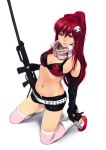  belt bikini_top boots fingerless_gloves gloves gun hair_ornament kneeling lipe-san lips long_hair navel pink_legwear ponytail red_hair redhead rifle scarf short_shorts shorts skull_hair_ornament solo tengen_toppa_gurren_lagann thigh-highs thighhighs weapon white_background yellow_eyes yoko_littner 