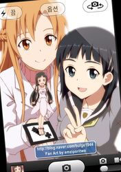  :d asuna_(sao) augmented_reality barefoot black_eyes black_hair brown_eyes brown_hair bulge1944 dress fairy fake_screenshot hair_ornament kirigaya_suguha korean long_hair looking_at_viewer minigirl multiple_girls open_mouth school_uniform serafuku short_hair smile sword_art_online translation_request v yui_(sao) yui_(sao-alo) 