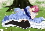  black_legwear breasts cherry_blossoms cleavage closed_eyes eyes_closed hat hat_removed headwear_removed highres japanese_clothes lemoo lying petals pink_hair saigyouji_yuyuko sash sleeping solo thigh-highs thighhighs touhou tree triangular_headpiece wide_sleeves 