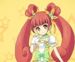  bow brown_hair collar cure_rosetta curly_hair dokidoki!_precure double_bun earrings gloves jewelry long_hair magical_girl nyjee precure puffy_sleeves ribbon smile solo twintails white_gloves yellow_background yellow_eyes yotsuba_alice 