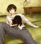  black_cat black_eyes black_hair blush cable cat collar darker_than_black hei jeans lamp licking mao mao_(darker_than_black) noizmega on_floor short_hair sweatdrop table tail tongue 