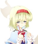  7ban alice_margatroid bell blonde_hair blue_dress blue_eyes blush bow bust capelet clothes_writing dress fingers_together hairband half-closed_eyes long_sleeves looking_at_viewer solo touhou 