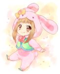  animal_costume animal_ears blush bow brown_eyes brown_hair bunny_costume bunny_ears bunny_suit character_request chibi cosplay ech ichihara_nina idolmaster idolmaster_cinderella_girls kigurumi long_hair smile solo source_request translated translation_request 