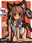  animal_ears arm_support artist_name ass bottomless breasts brown_hair cable cat_ears cleavage dress_shirt gun kneeling long_hair naked_shirt nancou_(nankou) original payot red_eyes shirt smile solo tail usb weapon 