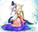  alternate_costume blonde_hair dress earmuffs grey_eyes hat hug japanese_clothes kariginu kneeling long_hair long_sleeves makuwauri mononobe_no_futo multiple_girls open_mouth short_hair silver_hair tate_eboshi touhou toyosatomimi_no_miko wide_sleeves 