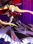  1girl black_background blazblue blonde_hair dress frills gothic_lolita gradient gradient_background hair_ribbon highres lolita_fashion long_hair rachel_alucard re-so red_eyes ribbon solo twintails umbrella 