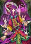 bamboo blush bunny collarbone colorful demon_horns dress fan folding_fan hair_ornament horns hourainingyou looking_at_viewer original petals purple_hair rabbit red_eyes smile solo stuffed_animal stuffed_bunny stuffed_toy watermark z/x 