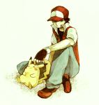  avri baseball_cap black_hair hat jeans looking_at_viewer pikachu pokemon pokemon_(game) pokemon_gsc red_(pokemon) red_(pokemon)_(classic) sitting 