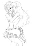  bikini boots breast_press choker closed_eyes eyes_closed french_kiss half-closed_eyes highres horns hug kahm kekekeke kiss knee_boots leg_lift long_hair lum monochrome multiple_girls oni outlanders short_hair sketch swimsuit tiger_print tongue urusei_yatsura yuri 