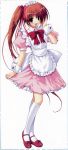  :d absurdres amane_sou blue_eyes brown_hair dress hair_ribbon highres maid maid_headdress mary_janes momose_mio open_mouth pastel puffy_short_sleeves puffy_sleeves red_shoes ribbon shoes short_sleeves side_ponytail simple_background smile socks solo waitress white_legwear wrist_cuffs 