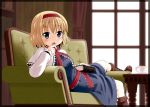  alice_margatroid black_eyes blonde_hair blush book bookshelf boots capelet couch cross-laced_footwear cup curtains dress drooling hairband haruna_mao lace-up_boots looking_at_viewer lying revision solo table teacup touhou 