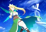  :d ^_^ blonde_hair closed_eyes kyokucho leafa long_hair looking_at_viewer open_mouth outstretched_arms pointy_ears ponytail sky smile solo sparkle sword sword_art_online thigh-highs thighhighs weapon white_legwear wings 