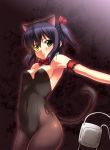  :&lt; animal_ears arm_garter black_hair blush breasts cat_ears cat_tail chuunibyou_demo_koi_ga_shitai! cleavage detached_collar eyepatch eyepatch_removed green_eyes hair_ribbon heterochromia kittysuit leotard looking_at_viewer nekomimi outstretched_arm pantyhose ribbon side_ponytail solo surume_(clavis) tail takanashi_rikka yellow_eyes 