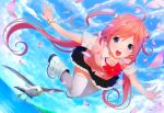  :d ahoge ama_mitsuki bird blue_eyes blush cloud clouds condensation_trail dutch_angle flying leg_up long_hair open_mouth original outstretched_arms petals pink_hair seagull skirt sky smile solo spread_arms sunlight thigh-highs thighhighs twintails water white_legwear 