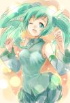  ;d bare_shoulders detached_sleeves green_eyes green_hair hatsune_miku highres light_particles long_hair manyu necktie open_mouth rough skirt smile solo twintails vocaloid wink 