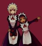  apron black_hair blonde_hair character_request dark_skin haruhito_(divineshalt) maid maid_headdress multiple_girls open_mouth outstretched_arms red_background red_eyes short_hair smile spread_arms the_voynich_hotel 