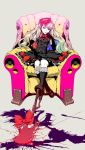  bow couch crack dress elbow_gloves gloves highres kneehighs long_hair mayu_(vocaloid) multicolored_hair nagimiso sitting vocaloid weapon windows yellow_eyes 