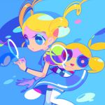  blonde_hair blue_dress blue_eyes bubble bubble_blowing bubbles_(ppg) dress drill_hair dual_persona flat_color gotokuji_miyako lowres mintchoco_(deviantart) multiple_girls nail_polish powerpuff_girls powerpuff_girls_z rolling_bubbles thigh-highs thighhighs twin_drills twintails white_legwear 