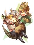  beanie blonde_hair blue_eyes boots chibi diego_brando fangs gloves green_eyes hat horseshoe johnny_joestar jojo_no_kimyou_na_bouken leash scary_monster_(stand) steel_ball_run tail zluu 