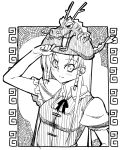  braid chinese_clothes dragon eastern_dragon hat hong_meiling horns long_hair monochrome open_mouth puffy_sleeves short_sleeves smile solo touhou twin_braids uemukai_dai 