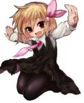 :d blonde_hair blush dress fang gobou hair_ribbon legs_up looking_at_viewer necktie no_shoes open_mouth outstretched_arms pantyhose red_eyes ribbon rough rumia short_hair smile solo touhou white_background 