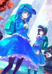  autumn_leaves backpack bag black_hair black_legwear blue_eyes blue_hair boots dark_haired_kappa hair_bobbles hair_ornament hat kappa_mob kawashiro_nitori key multiple_girls pantyhose short_hair shovel skirt skirt_set touhou twintails worktool wrench yaten 