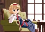  alice_margatroid black_eyes blonde_hair blush book bookshelf boots capelet couch cross-laced_footwear cup curtains dress drooling hairband haruna_mao lace-up_boots looking_at_viewer lying solo table teacup touhou 