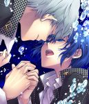  1girl androgynous blue_eyes blue_hair couple crossdressinging hand_holding holding_hands interlocked_fingers iwatsuki narukami_yuu persona persona_4 reverse_trap school_uniform shirogane_naoto short_hair tears 