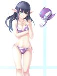  1girl bikini black_hair elf green_eyes long_hair phantasy_star phantasy_star_online pointy_ears robot swimsuit wakame_mi 