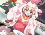  2012 :d bell bell_collar bike_shorts blonde_hair blue_eyes blush breasts cellphone christmas_tree cleavage collar cream cup fang hair_ornament heart holding hoodie kuronekogata long_hair looking_at_viewer open_mouth original phone plate sitting smile snowing solo sugar table window 