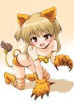  :d animal_ears bare_shoulders bell blonde_hair blush boots claws collarbone fang idolmaster idolmaster_cinderella_girls jingle_bell jougasaki_rika lion_ears lion_tail long_hair looking_at_viewer maru54 open_mouth paws short_shorts shorts smile solo striped striped_legwear tail tail_bell thigh-highs thighhighs two_side_up yellow_eyes 