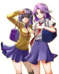  bag cardigan dress_shirt green_eyes kajiki_yumi mogumoge multiple_girls necktie purple_eyes purple_hair saki school_bag school_uniform shirt short_hair touyoko_momoko violet_eyes 