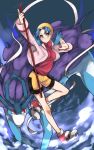  1girl bare_legs bike_shorts blue_eyes blue_hair breasts crystal_(pokemon) earrings hat highres jewelry looking_at_viewer pokemon pokemon_(creature) pokemon_(game) pokemon_gsc red_eyes suicune tohru1409 twintails 