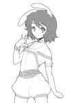 alternate_costume bangle belt bracelet brown_hair carrot elbow_gloves gloves inaba_tewi jewelry monochrome necklace off_shoulder orz_(orz57) short_hair shorts smile solo suspenders touhou 