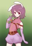  alternate_costume bangle belt bracelet carrot colored elbow_gloves gloves inaba_tewi jewelry necklace off_shoulder orz_(orz57) purple_hair red_eyes short_hair shorts smile solo suspenders touhou 