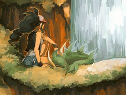  1girl black_hair doodle hat lechuza pokemon pokemon_(creature) pokemon_(game) pokemon_bw servine shorts touko_(pokemon) water waterfall 