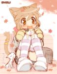  :3 animal_ears artist_name bag blush_stickers brown_eyes brown_hair cat cat_ears cat_tail eyepatch fangs o_o original shisui short_hair shorts sitting sketch solo striped striped_legwear tail thigh-highs thighhighs 