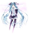  aqua_hair detached_sleeves green_eyes hair_ribbon hand_on_own_chest hatsune_miku icemilk long_hair necktie ribbon skirt solo thigh-highs thighhighs twintails very_long_hair vocaloid wings 