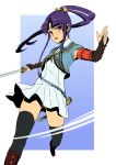  highres katana long_hair minamoto_no_yoshitsune_(eiyuu_senki) ponytail purple_eyes solo soxkyo sword thigh-highs thighhighs violet_eyes weapon 