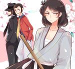  arsene_lupin_iii beard blush brown_eyes brown_hair facial_hair flower formal frown hands_in_pockets hat ishikawa_goemon_xiii jacket japanese_clothes jigen_daisuke lupin_iii multiple_boys musical_note nanami_nana necktie profile sarashi short_hair sideburns smile suit sword weapon 