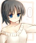  1girl black_hair blue_eyes breasts cleavage collarbone highres original rough sad_fuka short_hair solo speech_bubble sweater white_background 