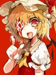  ascot blonde_hair blood bust flandre_scarlet hat long_hair open_mouth red_background red_eyes side_ponytail solo tera tongue touhou wings 