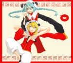  :p blonde_hair blue_eyes blue_hair braid bread carrying chinese_clothes food hatsune_miku highres indian_style kagamine_len kitamura_issa panda_hat shoulder_carry sitting straw tongue twin_braids vocaloid yie_ar_fan_club_(vocaloid) 